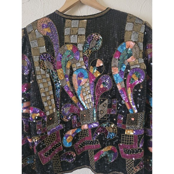 Vintage Albert Paul Beaded Sequined Colorful Silk Jacket L Party Cocktail Cowgir - Picture 6 of 7